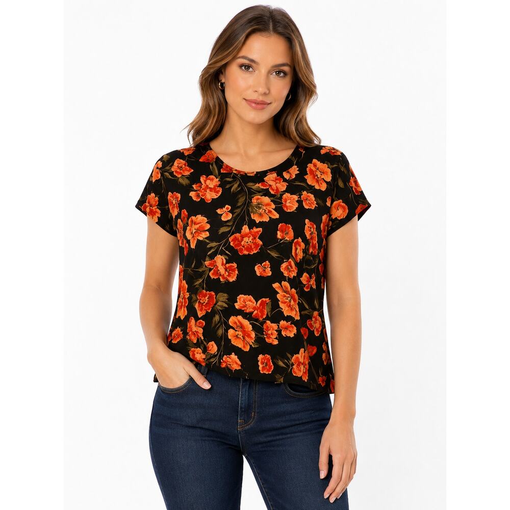 C’est La Vie Women’s Petite Large Black Floral Blouse Short Sleeve Top NWT